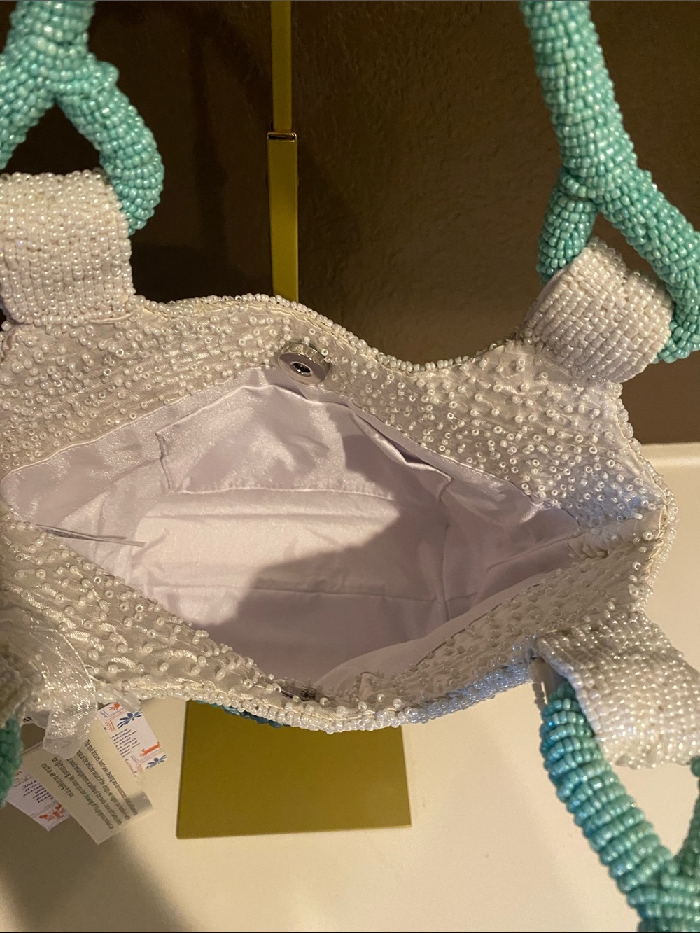 Beaded Turtle Shoulder Bag in White and Aqua - Picture 3 of 5